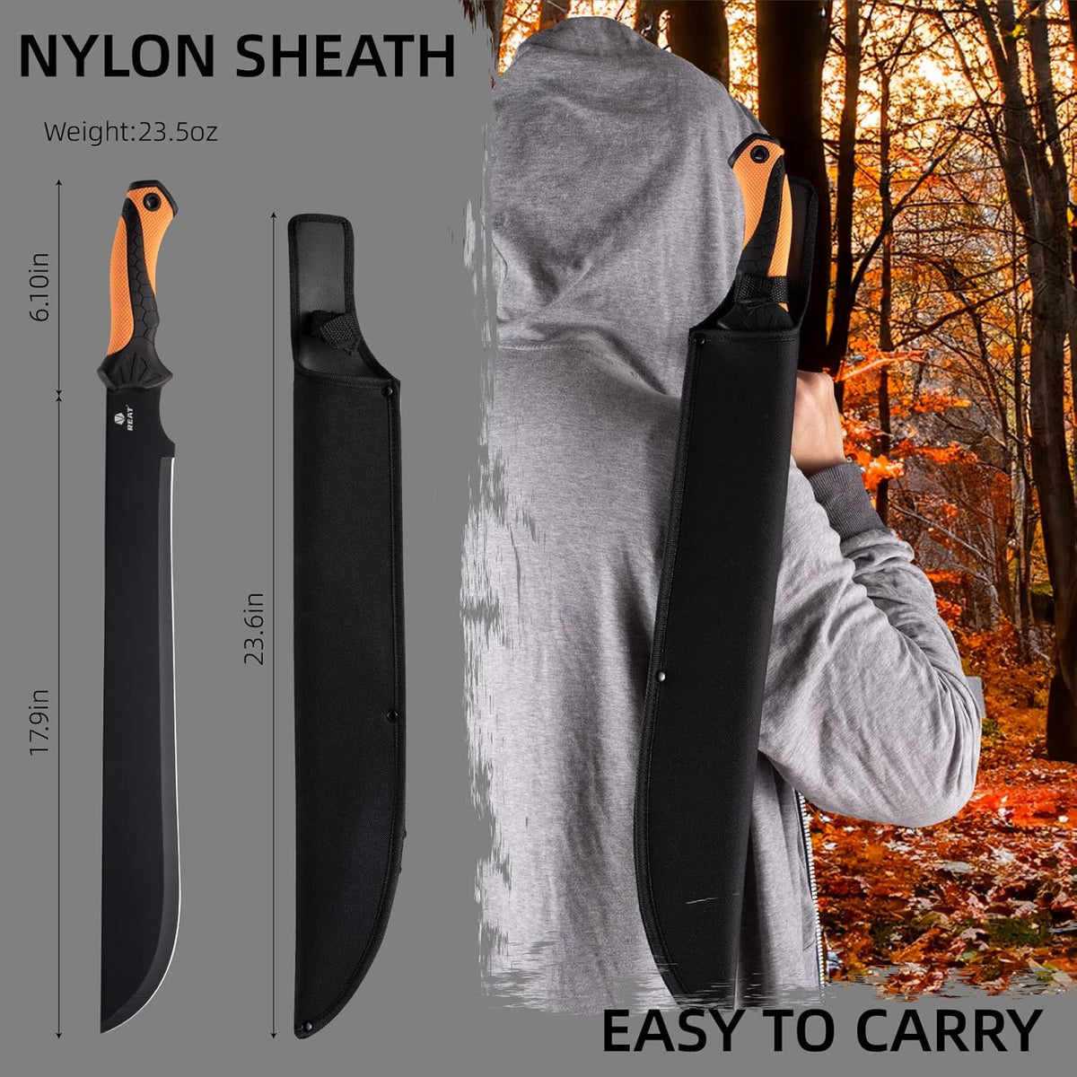 REAT Gardening Heavy Duty Machete,24" Full Tang Machete with Shaeth,Ergonomic No-Slip