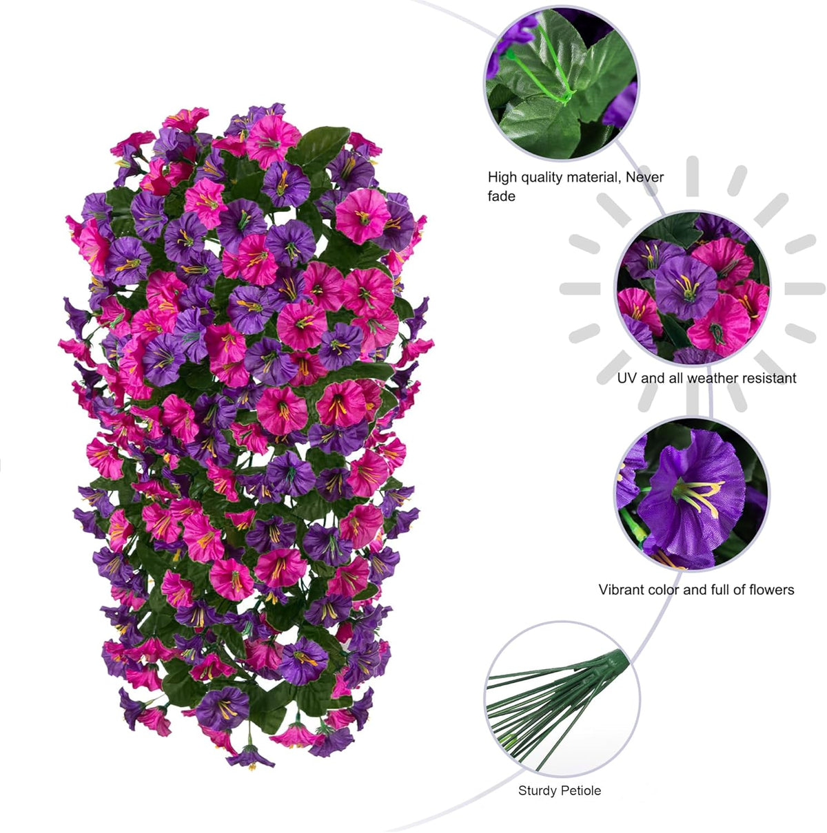 HyeFlora Artificial Fake Hanging Flowers Plants for Outdoor Outside, 2PCS Faux Silk Morning Glory