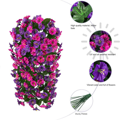 HyeFlora Artificial Fake Hanging Flowers Plants for Outdoor Outside, 2PCS Faux Silk Morning Glory