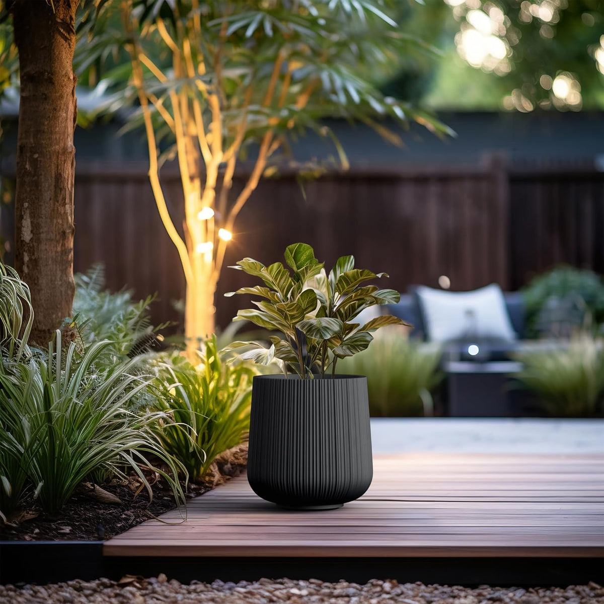 Kante 13.0" Dia Round Fluted Concrete Planter, Large Plant Pot with Drainage, Smooth Black Finish