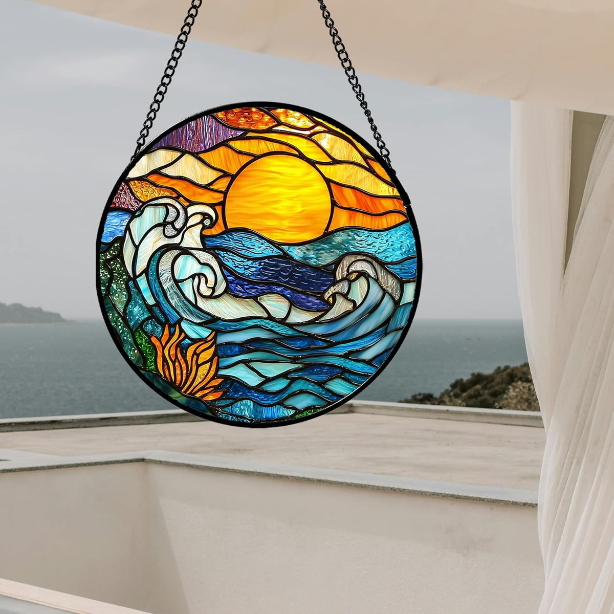 Stained Glass Window Hanging, Orange Sun Blue Sea Waves Landscape Suncatcher for Doors Window Home