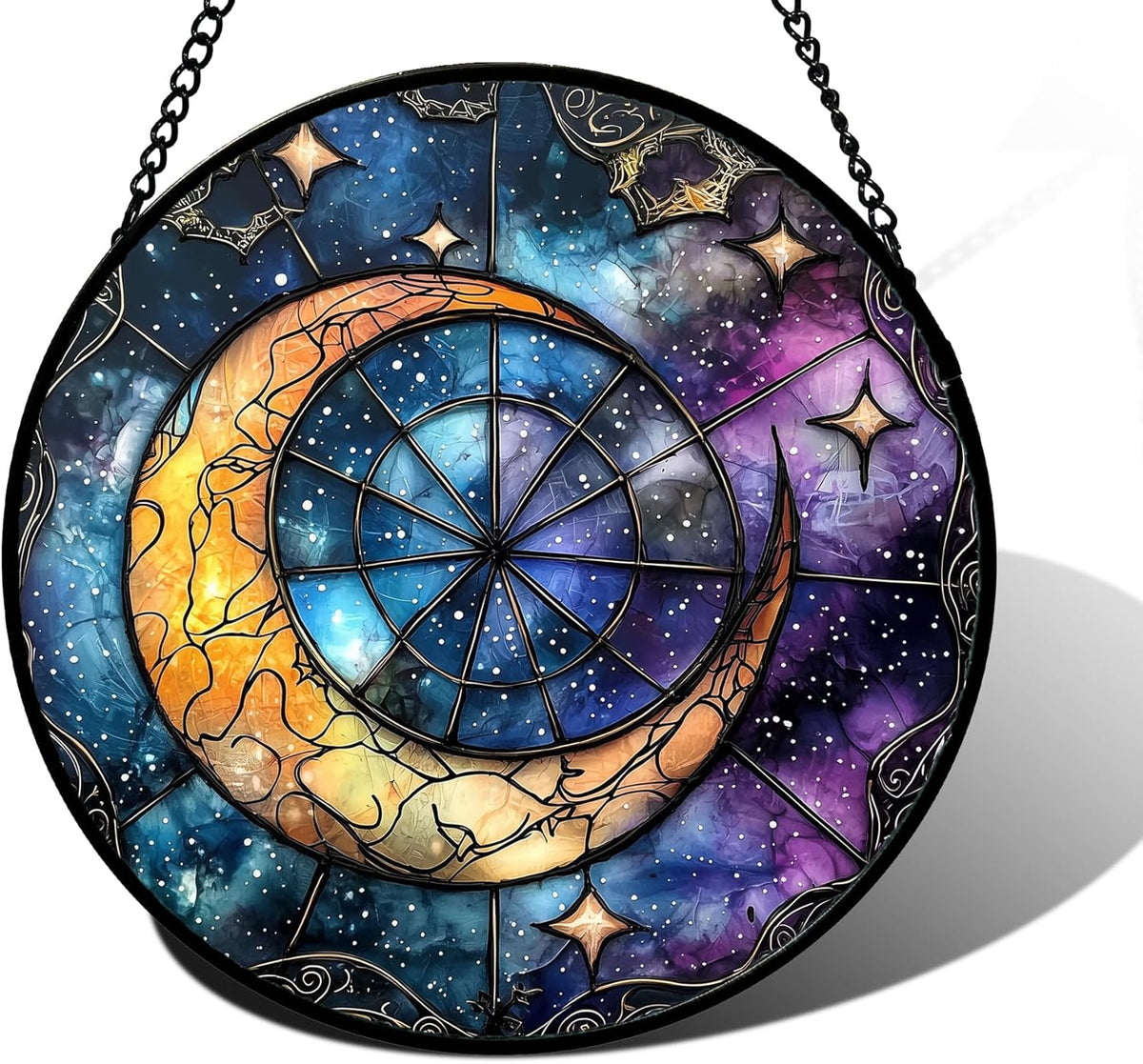 Stained Glass Window Hanging, Blue Starry Sky Moon Astrolabe Suncatcher for Doors Home Sun Catchers