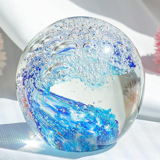 Decorative Crystal Ball Figurines Ocean Waves Paperweight Blown Glass Decor Sea Art Ocean Lovers