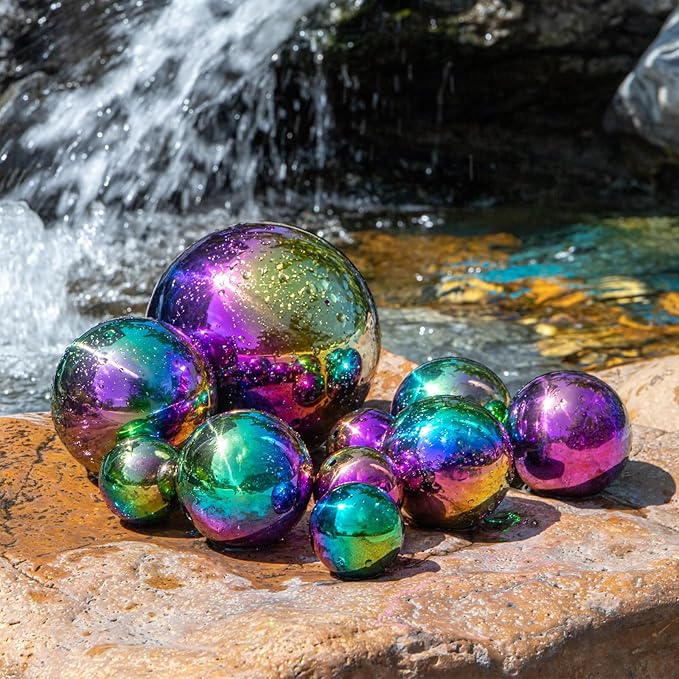 yarlung Set of 10 Stainless Steel Rainbow Gazing Balls, 50-150 mm Garden Mirror Globe Floating Pond