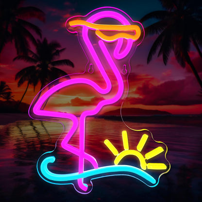 Flamingo Neon Sign Dimmable Flamingo Led Neon Lights Sun Wave Neon Signs for Bedroom Living Room