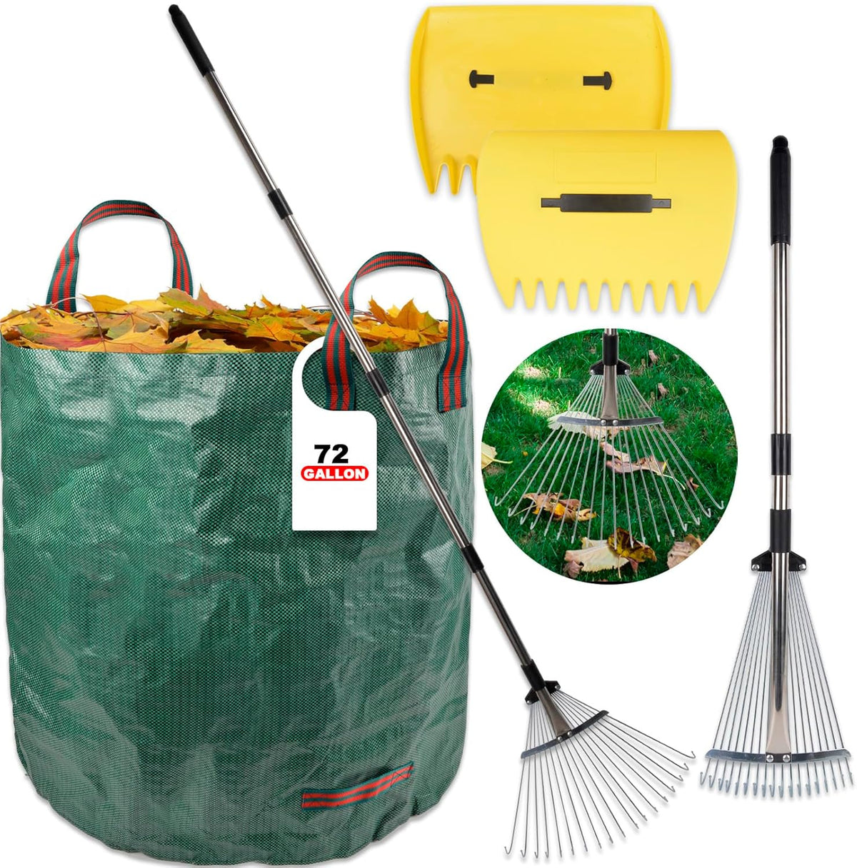 Leaf Collector Garden Rake Set - Adjustable 18 Tines Leaf Rakes & Leaf Picker Upper & 72 Gallon