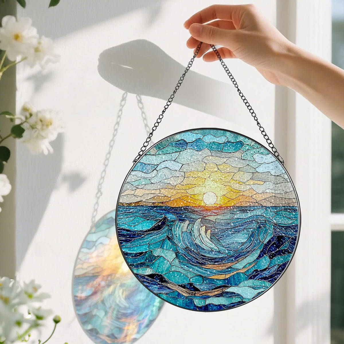 Stained Glass Window Hanging, Pauyadu 8 Inch Beach Stained Glass Suncatcher, Window Decoration