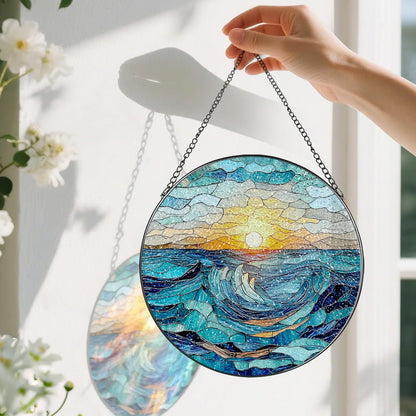 Stained Glass Window Hanging, Pauyadu 8 Inch Beach Stained Glass Suncatcher, Window Decoration