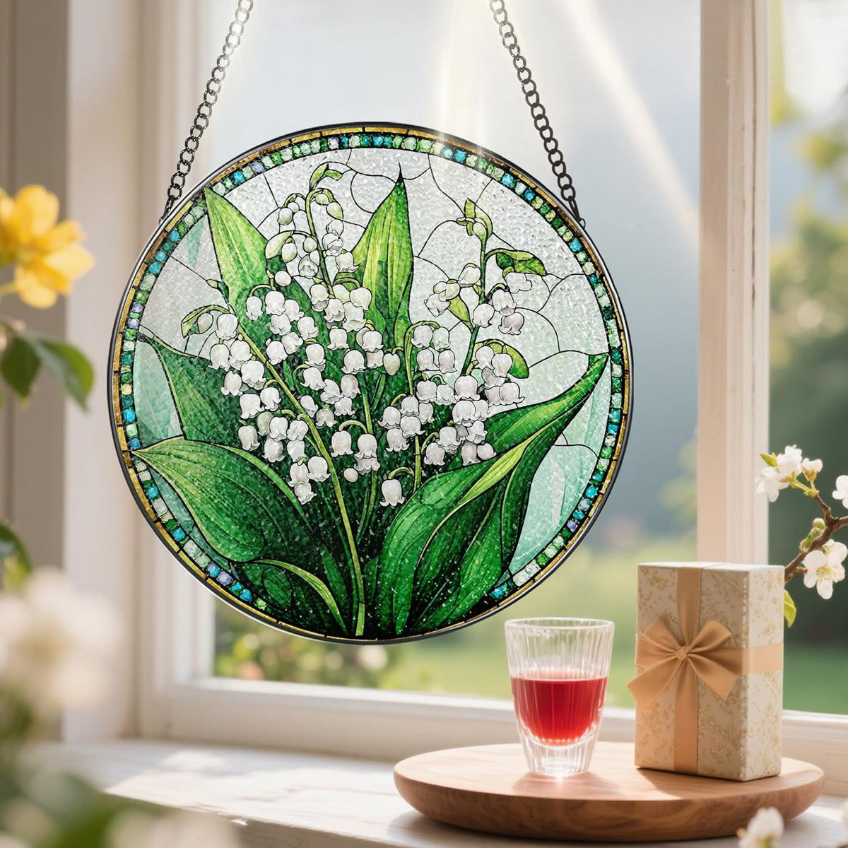 8-Inch Stained Glass Ornament, Stained Glass Window Hanging, Lily of Valley Flower Ornament, Window