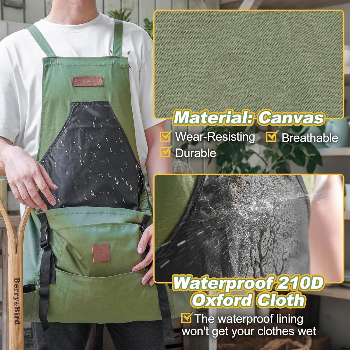 Berry&Bird Harvest Apron, Canvas Gardening Apron with Pockets and Harvesting Pouch Waterproof