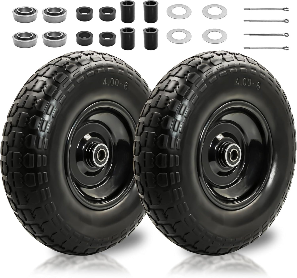 2PC 4.00-6 Flat-Free Tires and Wheels,13" Rubber Solid Tire, with 5/8" & 3/4" Bearing, 1.8"-5.8"