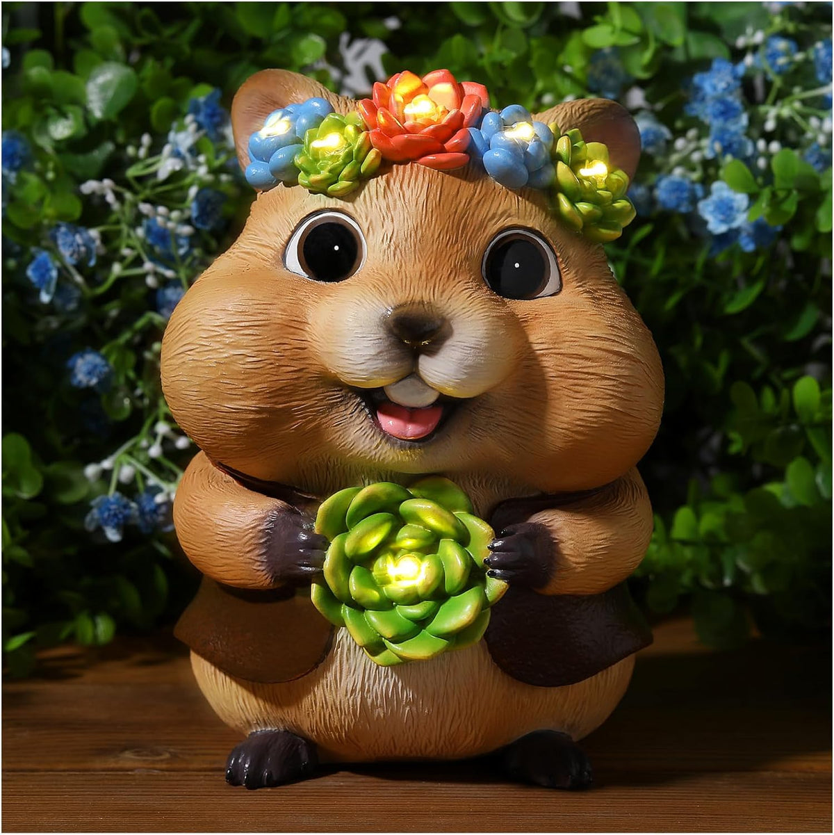 Solar Garden Decor Outdoor Statues Hamster with Succulent and LED Lights Birthday Gifts for Women