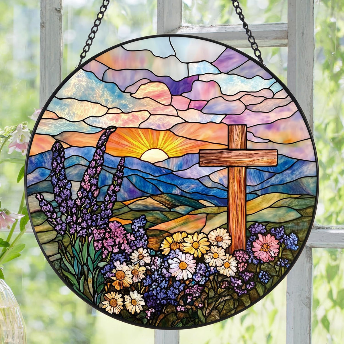 Wildflowers and Crosses Suncatcher -7.9 in Stained Glass Window Hanging Sun Catcher Garden Decor