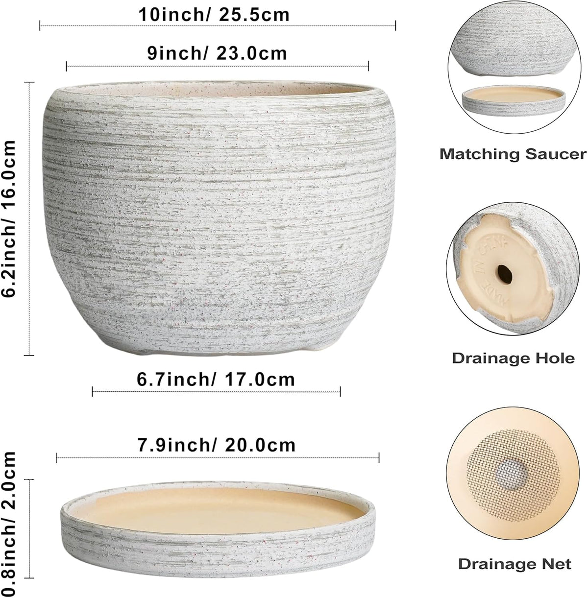 SQOWL Ceramic Flower Pots - 10 Inch Plant Pot Indoor with Drainage Hole and Saucer, Modern Ceramic