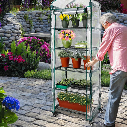 Worth Garden Upgraded 5-Tier Mini Greenhouse with Castors Wheels - Portable Small Gardening Green