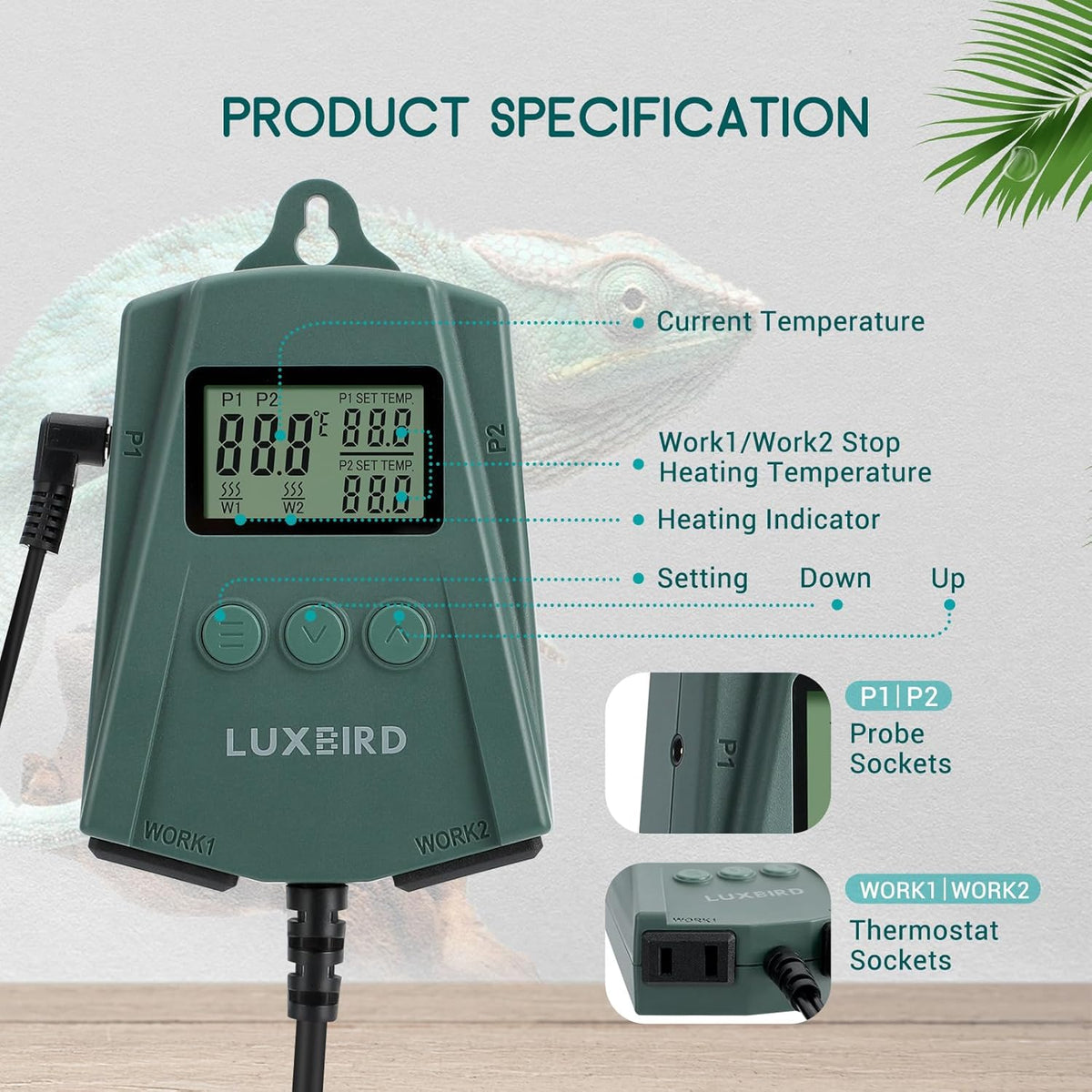 Luxbird Reptile Heating Pad 8x12 Inch with Dual Output Reptile Thermostat LB-2SC Combo Set Under
