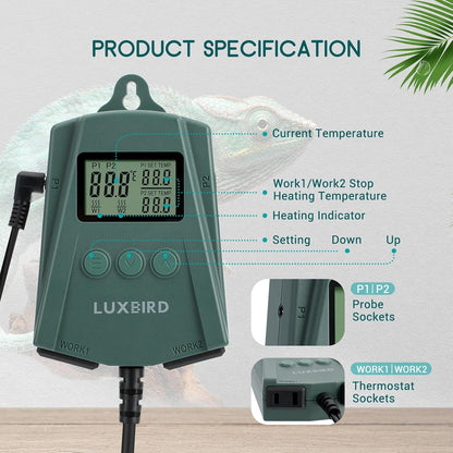 Luxbird Reptile Heating Pad 8x12 Inch with Dual Output Reptile Thermostat LB-2SC Combo Set Under