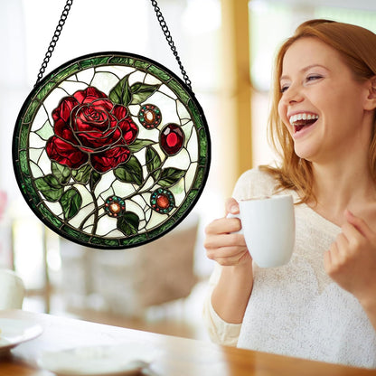 Stained Glass Window Hanging, Red Rose Gemstone Green Sun Catchers Diamond Glass Panel Hangings