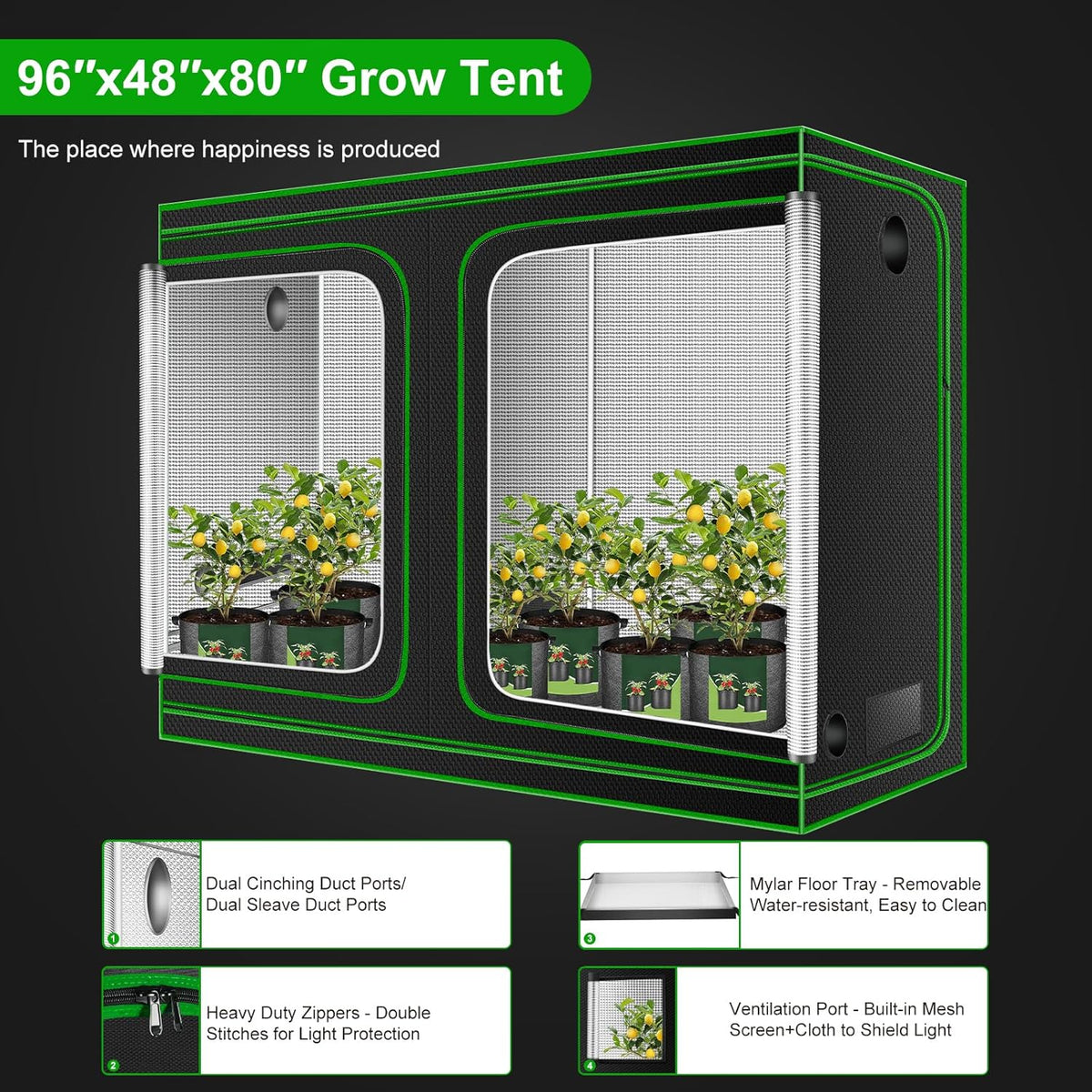 MELONFARM 4x8 Grow Tent, 96"x48"x80" High Reflective 600D Diamond Mylar Canvas with Observation