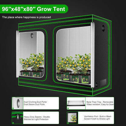 MELONFARM 4x8 Grow Tent, 96"x48"x80" High Reflective 600D Diamond Mylar Canvas with Observation