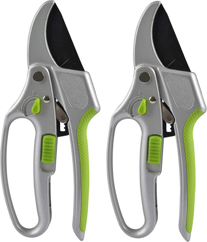 Garden Guru 2 in 1 Ratchet Pruning Shears Clippers – 4X Cutting Power – Ratcheting Garden Anvil