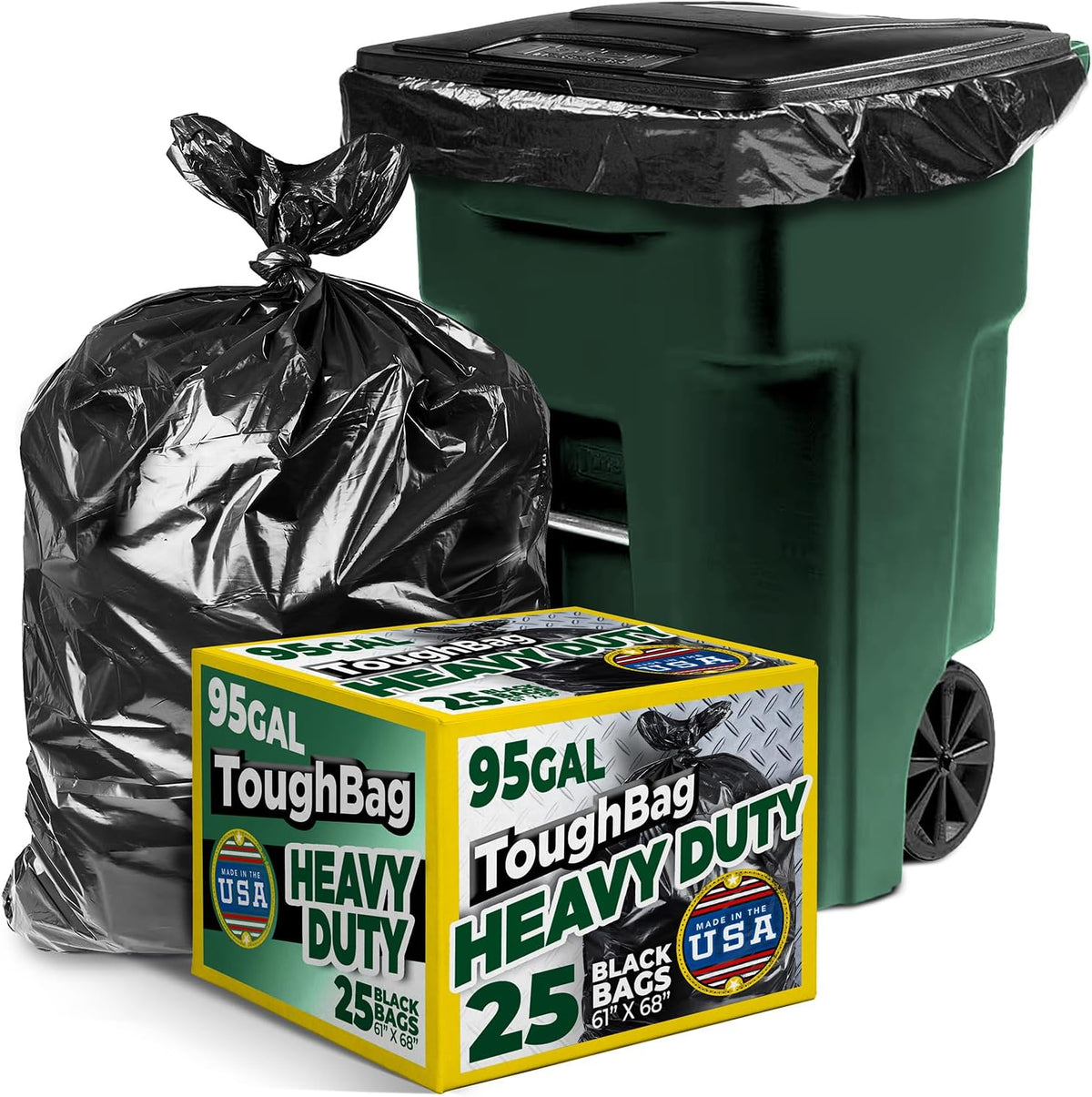 ToughBag 95-96 Gallon Trash Bags Heavy Duty (25 Count) - Extra Large Black Garbage Can Liners for
