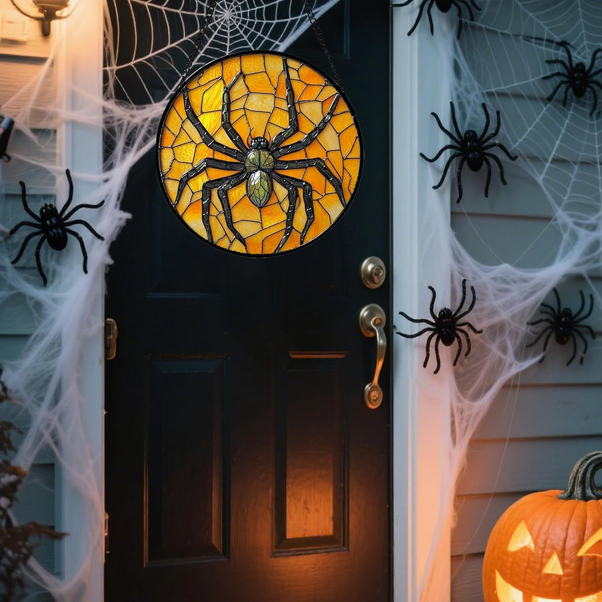 Stained Glass Window Hanging - Halloween Decorations Black Spider Suncatcher for Doors Garden