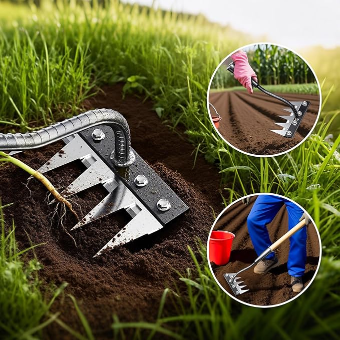 Iron Weeding Rake, 5-Teeth Detachable Gardening Hand Weeder Tool with Ergonomic Grip, Heavy-Duty