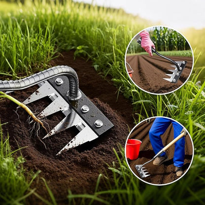 Iron Weeding Rake, 5-Teeth Detachable Gardening Hand Weeder Tool with Ergonomic Grip, Heavy-Duty