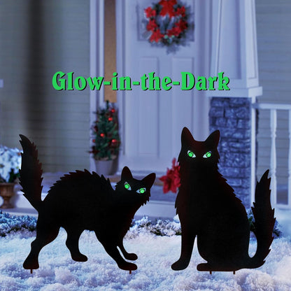 WAIU Halloween Metal Cat Yard Stakes Glow in The Dark Black Cat Silhouette Outdoor Decor for Garden