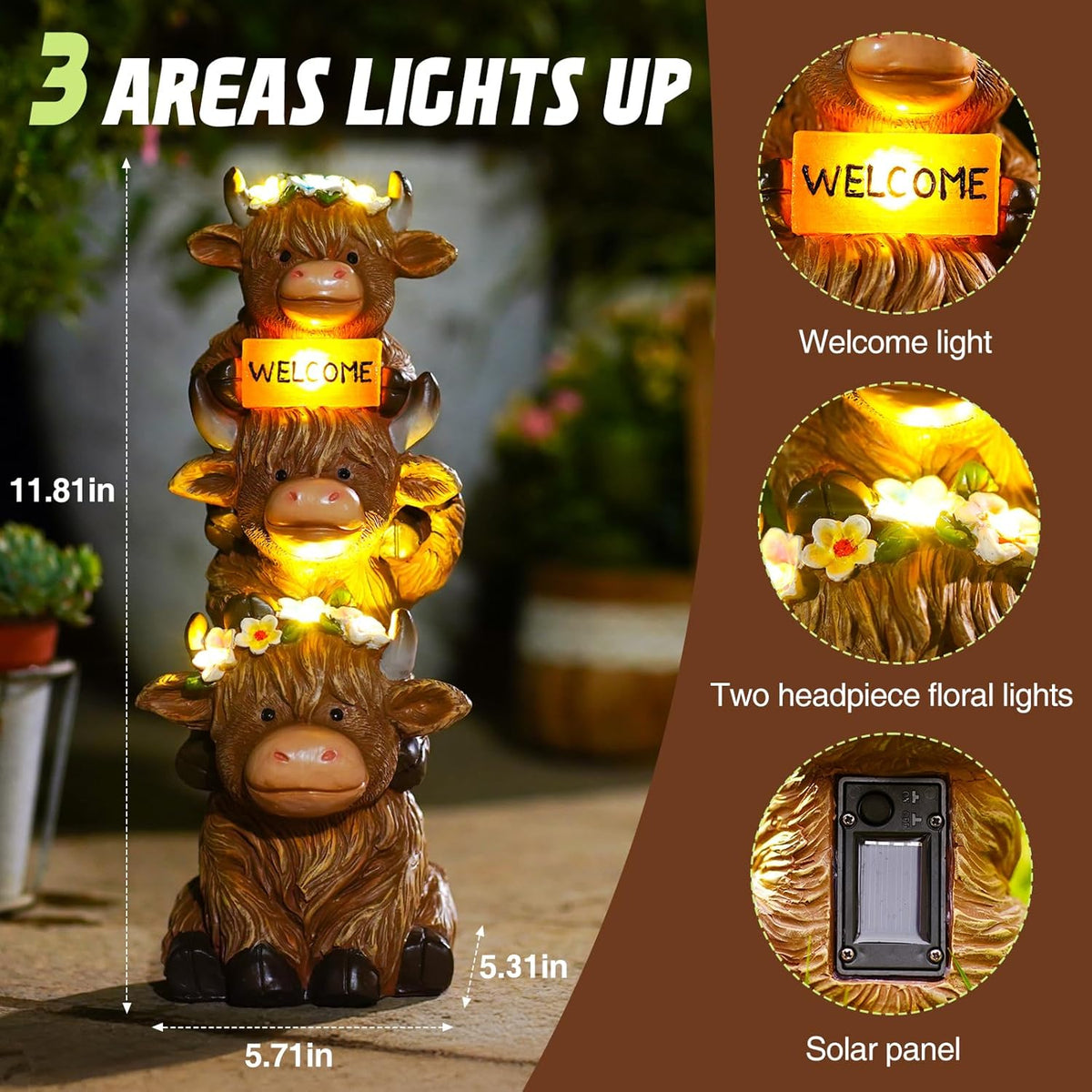 Christmas Highland Cow Statue Solar Outdoor Decor with Flower Decoration Funny Triple Highland Cow