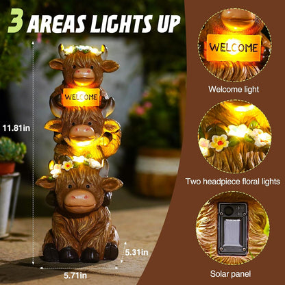 Christmas Highland Cow Statue Solar Outdoor Decor with Flower Decoration Funny Triple Highland Cow