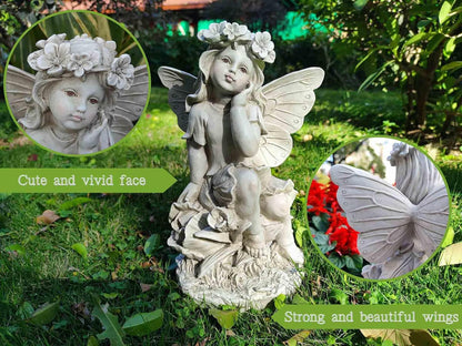 MeritMode 12.8" Fairy Garden Outdoor Guardian Angel Statue - Waterproof Resin with Flower Base