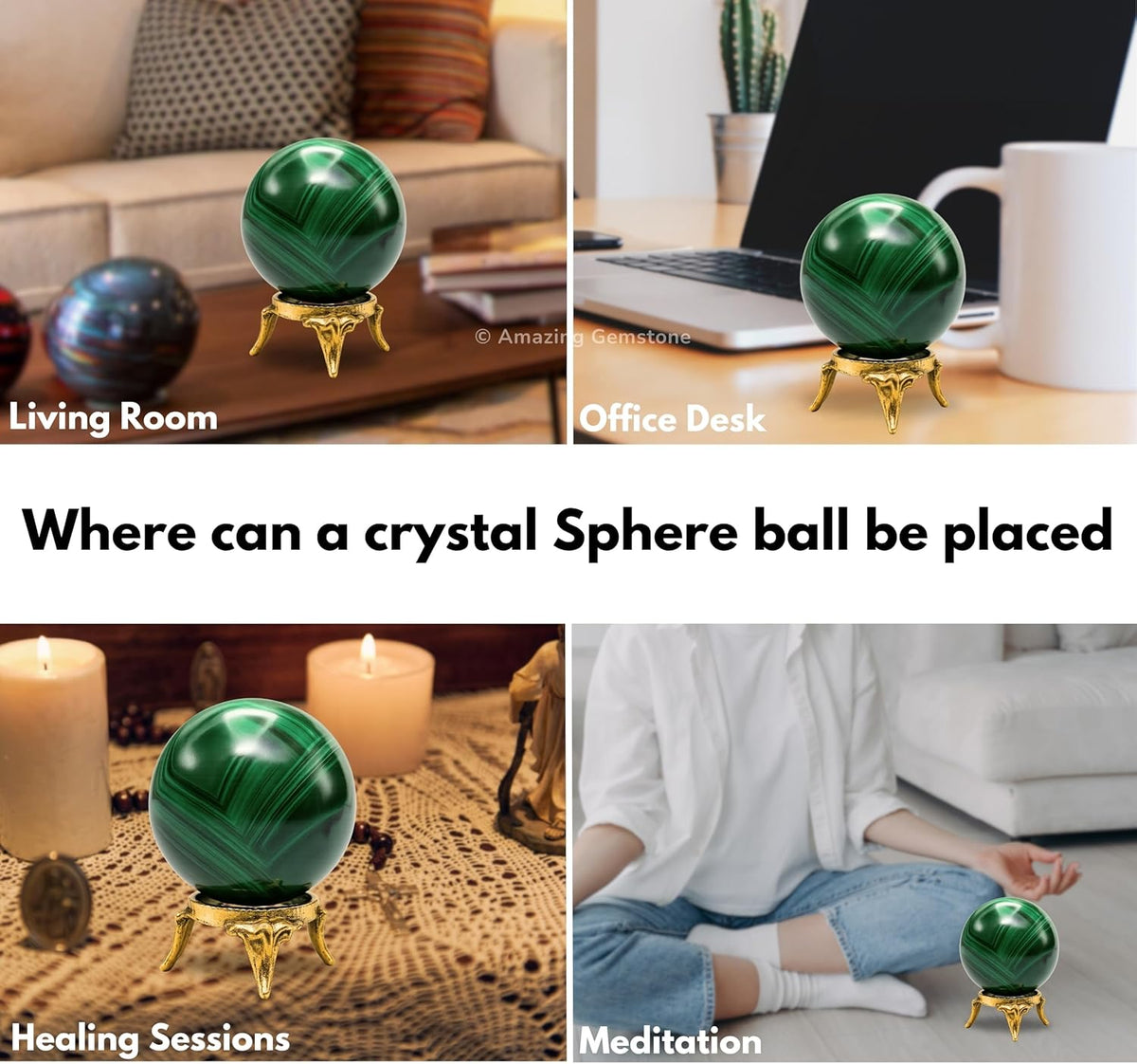 Amazing Gemstone Malachite Crystal Ball with Stand - 2" Inches Crystal Sphere Meditation Balls for