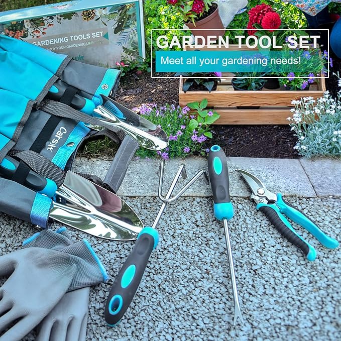 Gardening Tools, Carsolt 10 Piece Heavy Duty Stainless Steel Garden Tools Set with Ergonomic Rubber