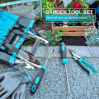 Gardening Tools, Carsolt 10 Piece Heavy Duty Stainless Steel Garden Tools Set with Ergonomic Rubber