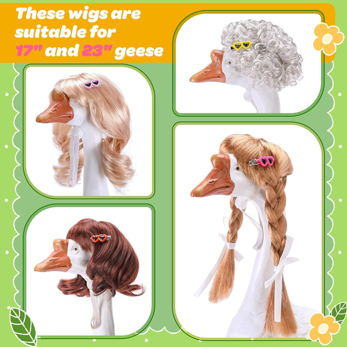 DECOHS 4 Pcs Porch Goose Wigs with Hair Clips, Cute Lawn Goose Statue Braid Wig, Porch Goose