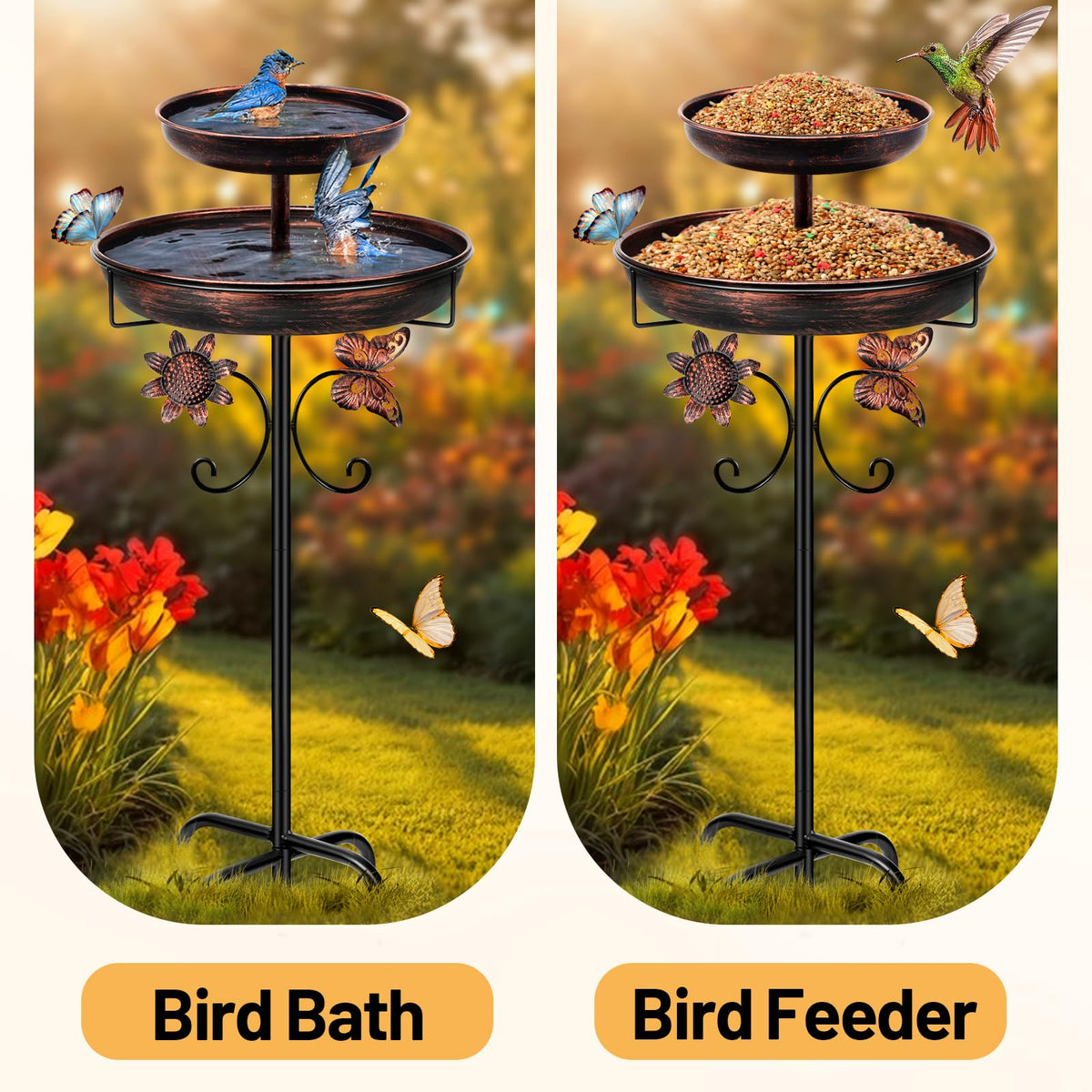 Daoeny Bird Bath for Outside, 42In Vintage Freestanding Birdbaths for Outdoors, Double Metal Bird