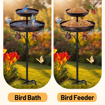 Daoeny Bird Bath for Outside, 42In Vintage Freestanding Birdbaths for Outdoors, Double Metal Bird