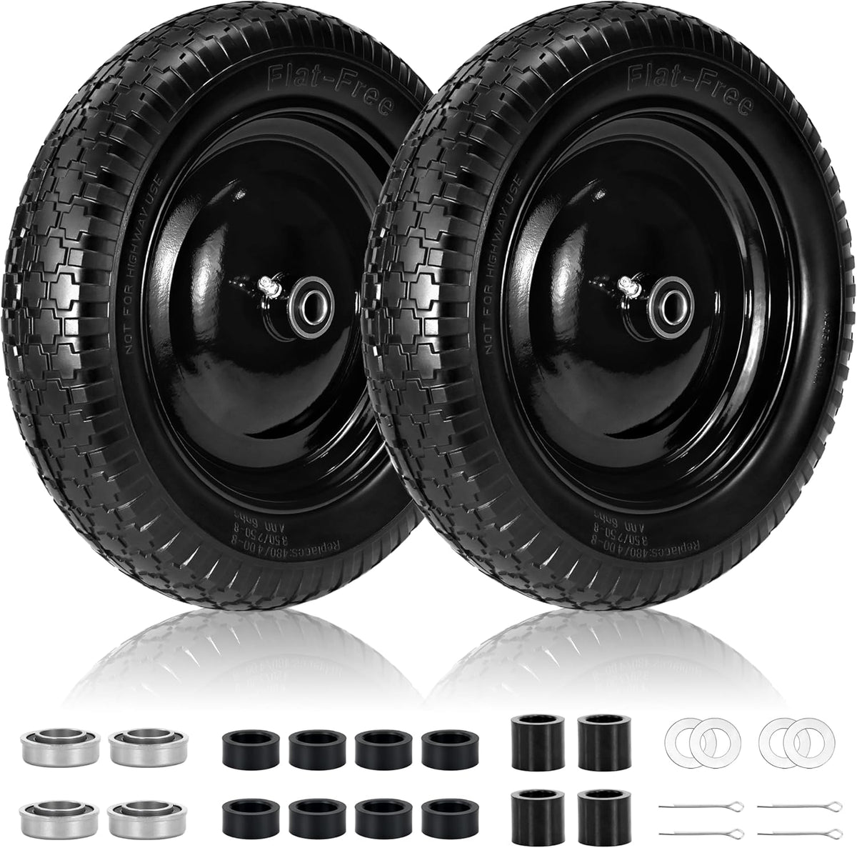 2 PCS 4.80/4.00-8 Flat Free Tire and Wheel, 14.5 Solid Wheelbarrow Tires, 5/8" 3/4" Bearings，3"-7"