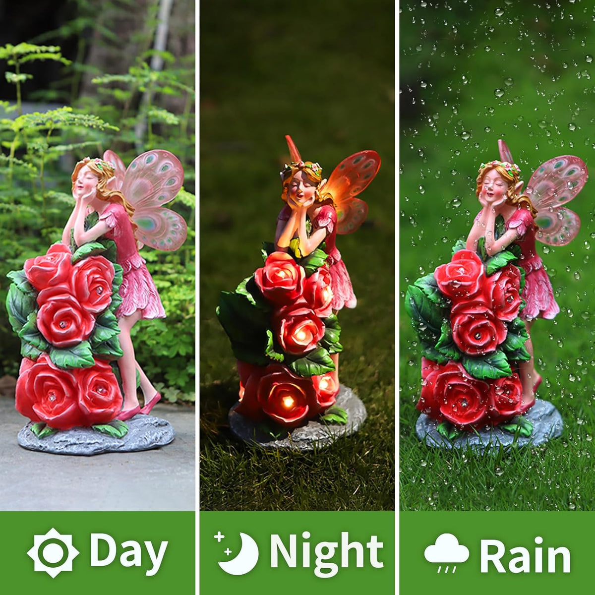 Solar Garden Outdoor Statues Cute Flower Fairy with 7 LED Solar Figurine for Lawn,Patio, Balcony