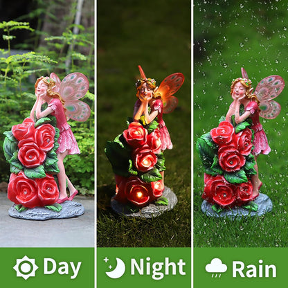 Solar Garden Outdoor Statues Cute Flower Fairy with 7 LED Solar Figurine for Lawn,Patio, Balcony