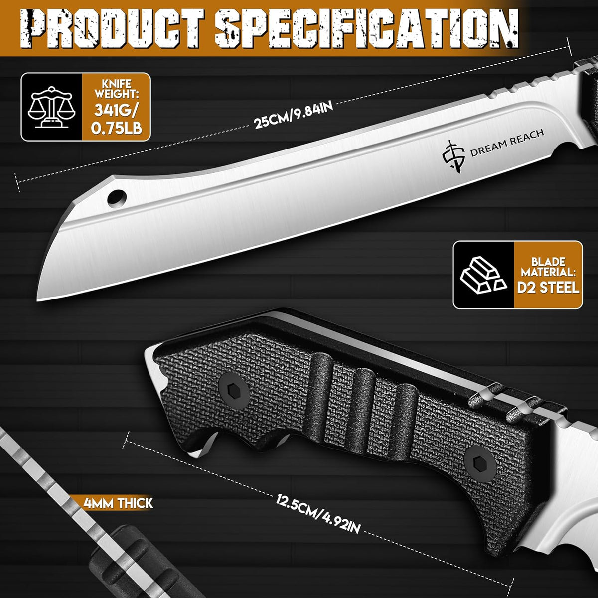 Dream Reach Heavy Duty Machete - Portable Full Tang Outdoor Survival Knife with Sheath Strap for