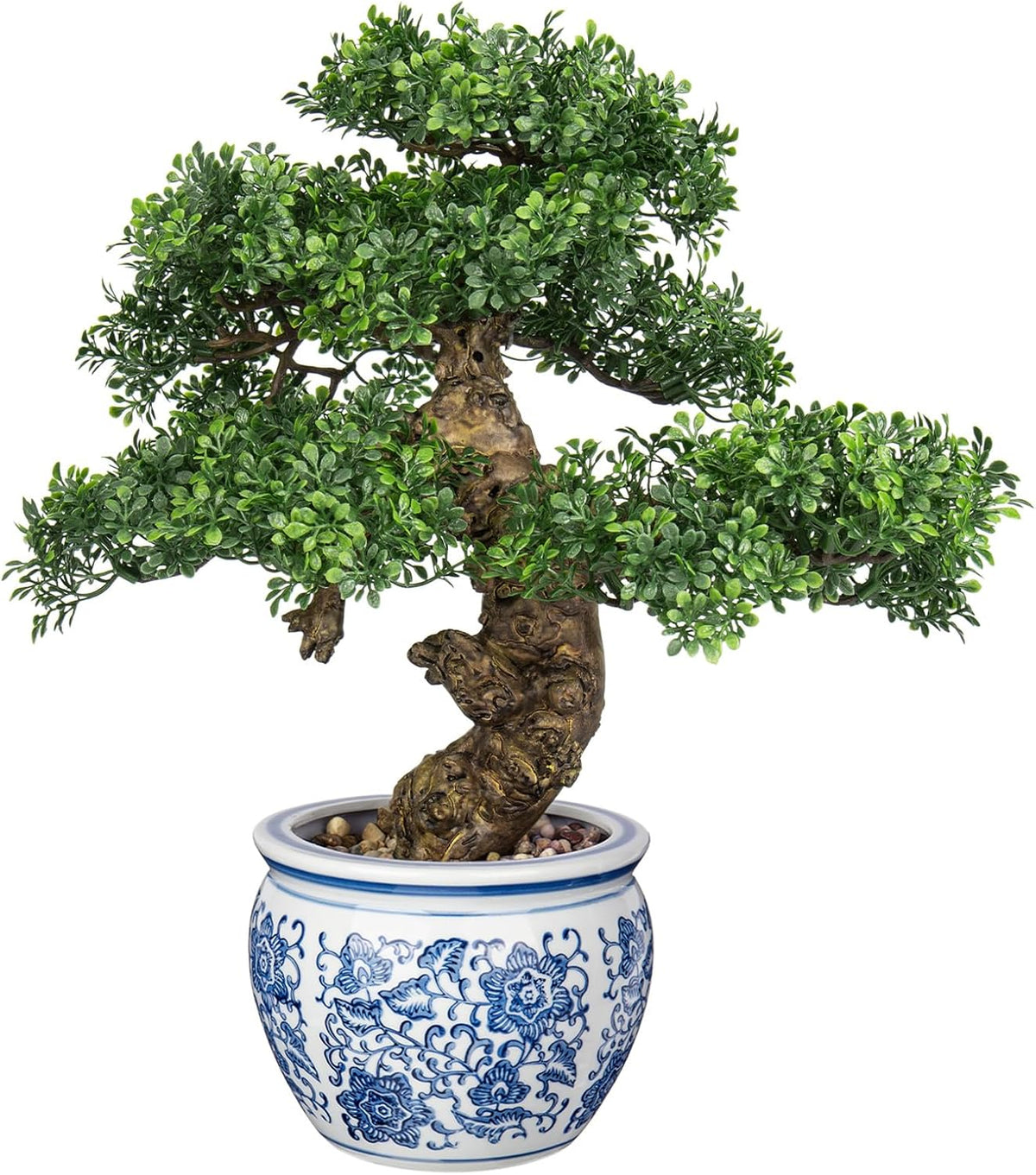 Fake Bonsai Tree Bonsai Plant 17” Tall Artificial Bonsai Trees with Blue and White Porcelain