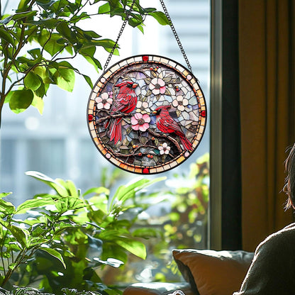 Cardinal Stained Glass Suncatcher - Hand-Painted Window Hanging with Metal Chain, Outdoor/Indoor