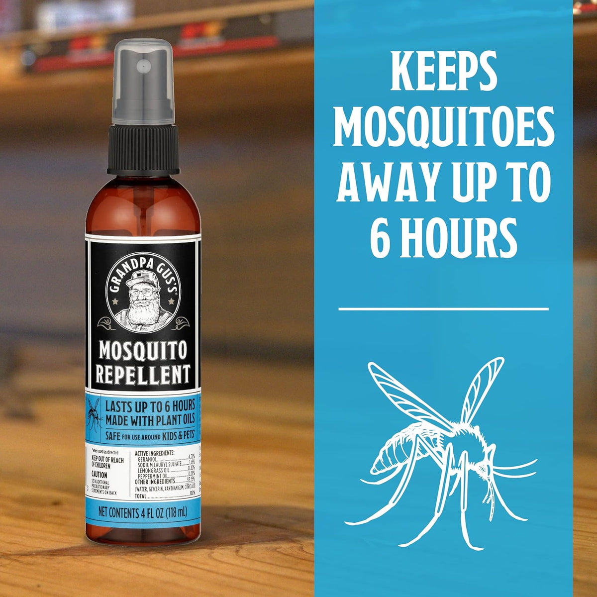 Grandpa Gus's Natural Mosquito Repellent Spray, Time-Release Plant-Based Actives, Non-Greasy, No