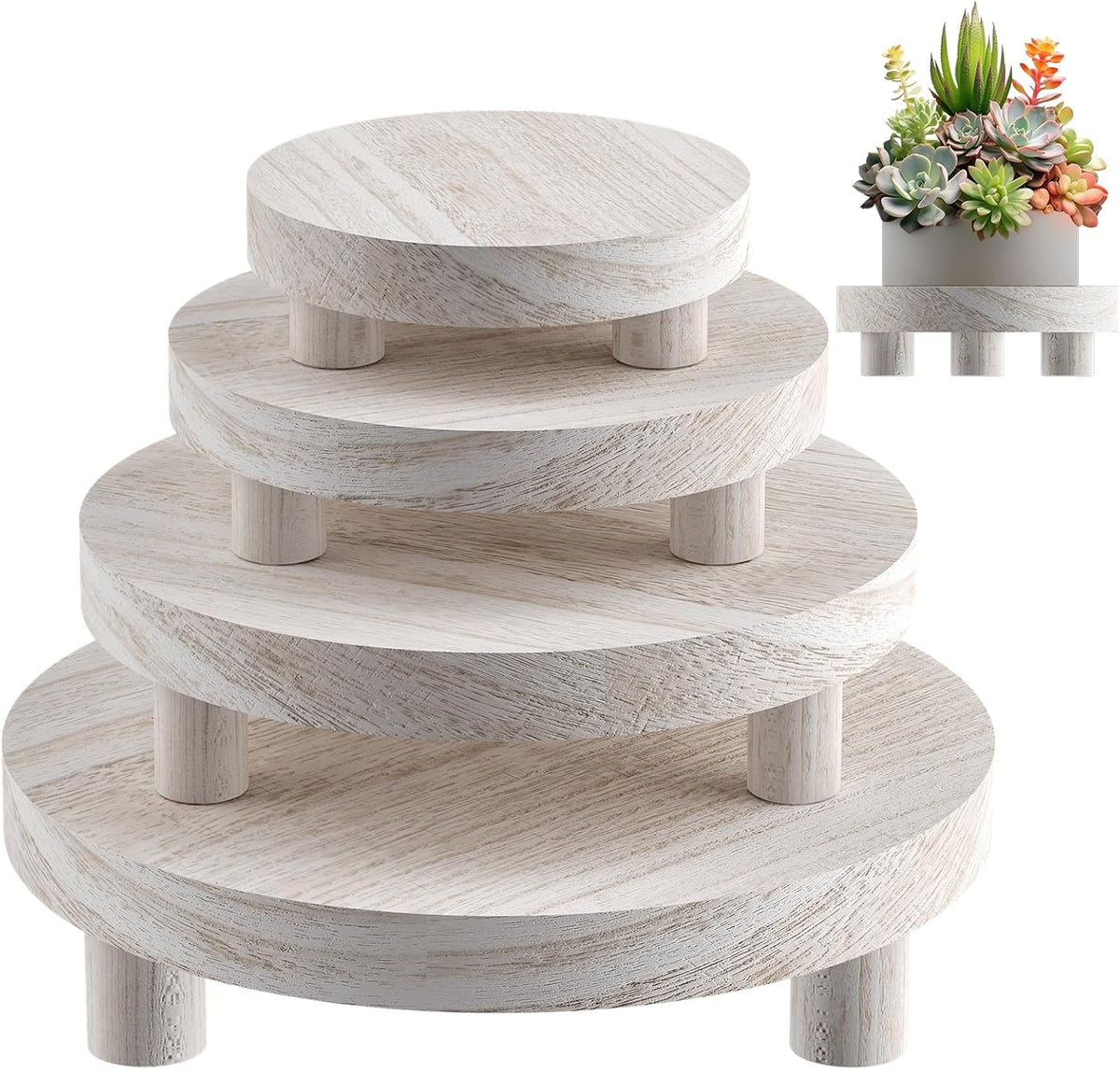 Wood Plant Stand Indoor Outdoor, 12/10/8/6" Round Wood Riser for Decor Wooden Stool Display Stand