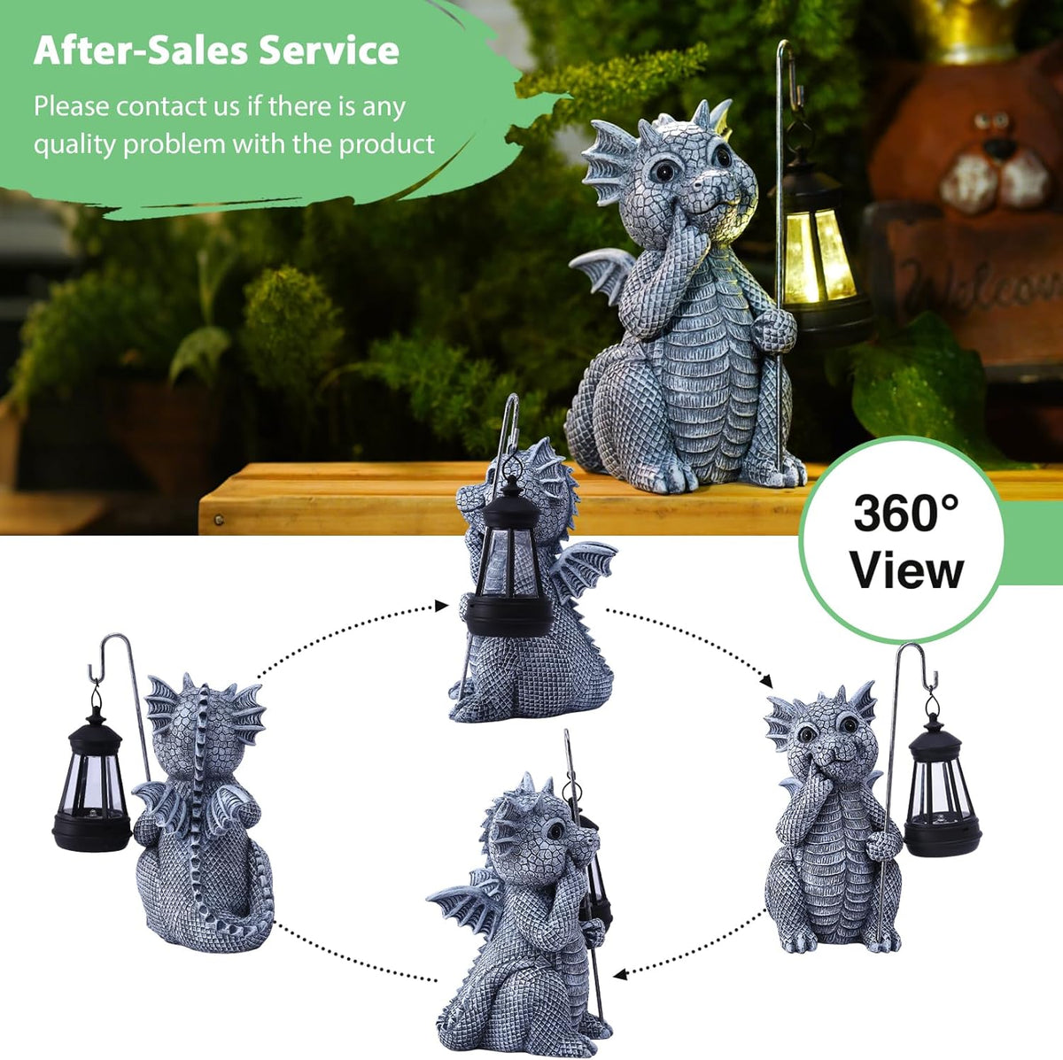 Goodeco Dragon Statue with Solar Lantern - Garden Decor for Lawn, Patio, and Yard - 8.3 inches
