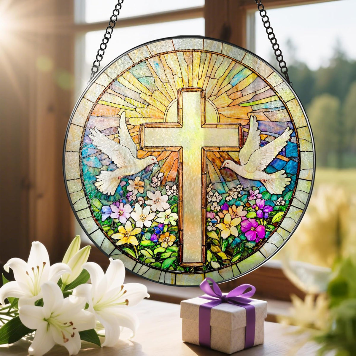 Cross and Wildflowers Stained Glass Suncatcher, 8 Inch Christian Stained Glass Windows Hanging