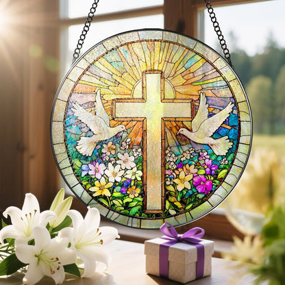 Cross and Wildflowers Stained Glass Suncatcher, 8 Inch Christian Stained Glass Windows Hanging